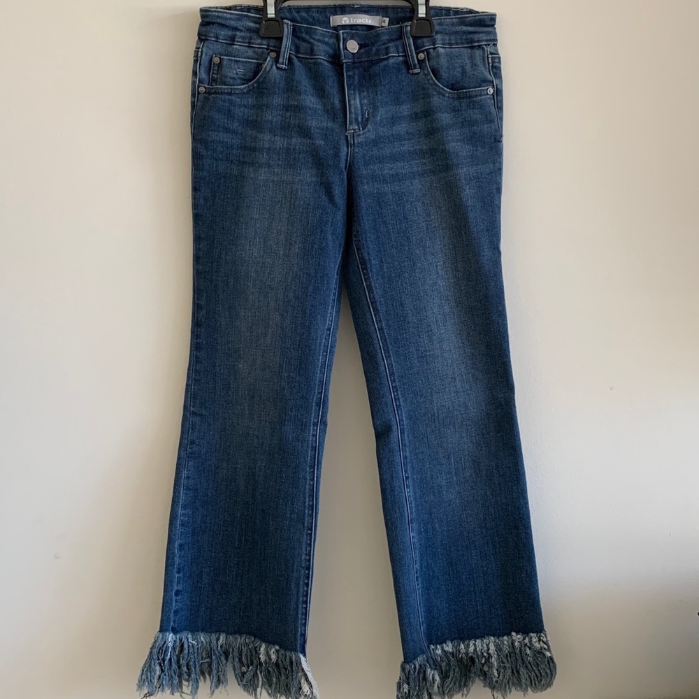 Dark Wash Low Wasted Ankle Fringe Jeans